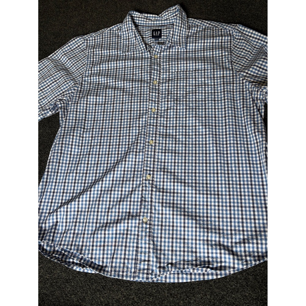 Gap Mens XXL Blue White Gingham Plaid Short Sleeve Button Down Shirt Pocket